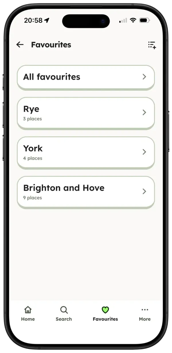 Favourites screen with saved lists for Rye, York and Brighton and Hove