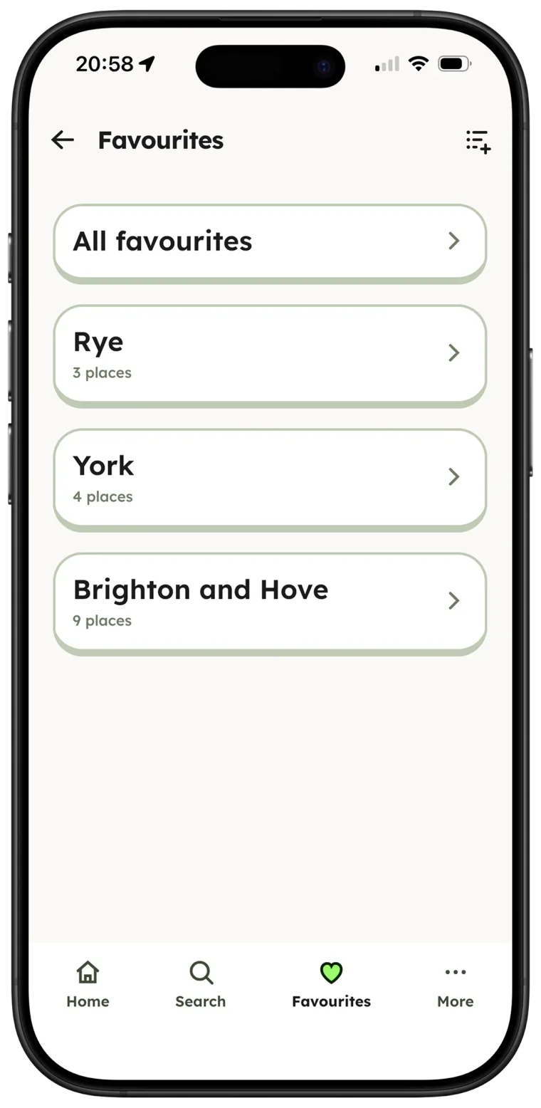 Favourites screen with saved lists for Rye, York and Brighton and Hove