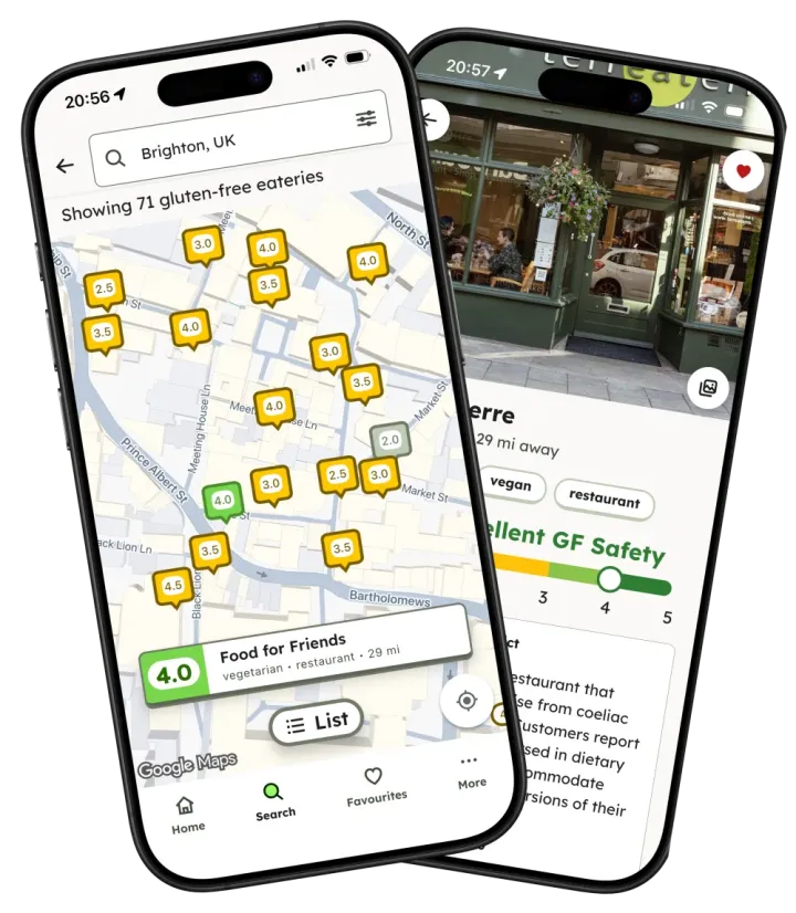 Hungry For Gluten Free app showing a map search and a restaurant's gluten free safety rating