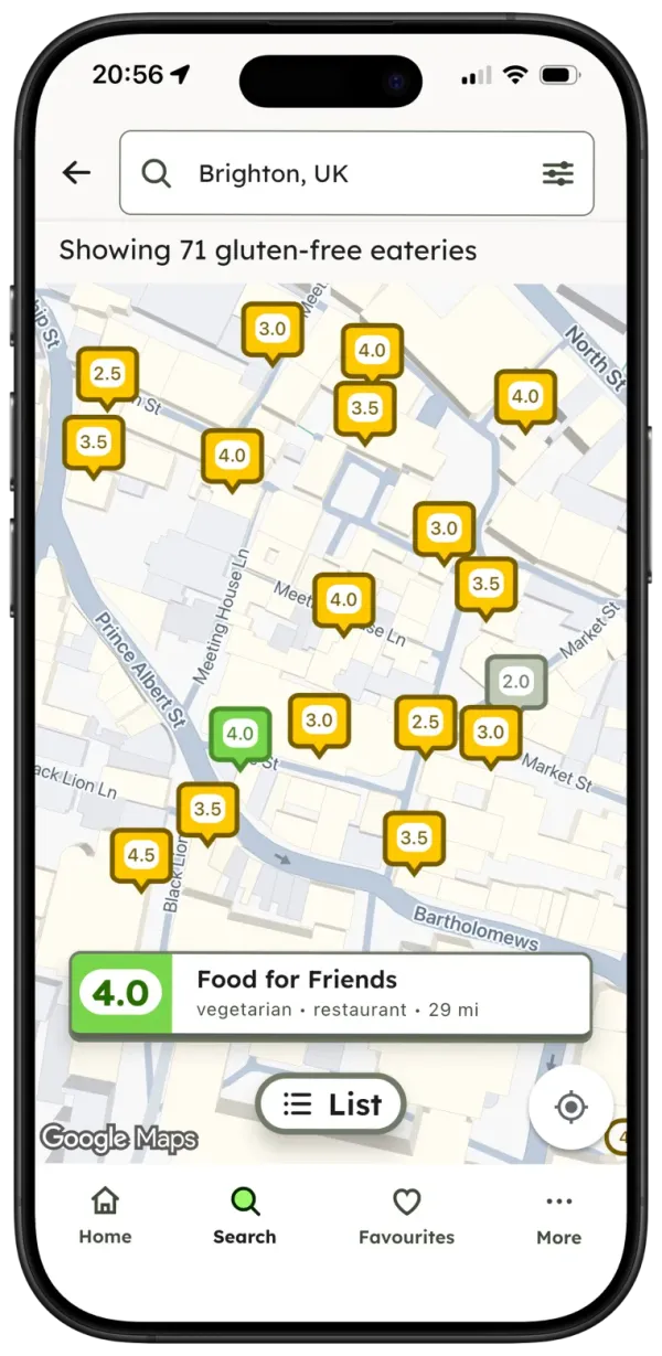 Map search showing gluten free eateries in Brighton with their safety ratings