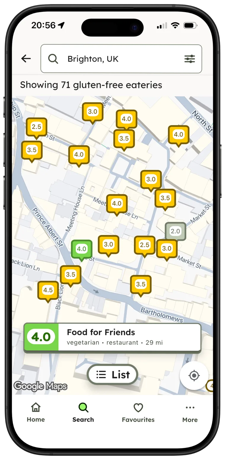 Map of gluten free eateries in Brighton with their safety ratings